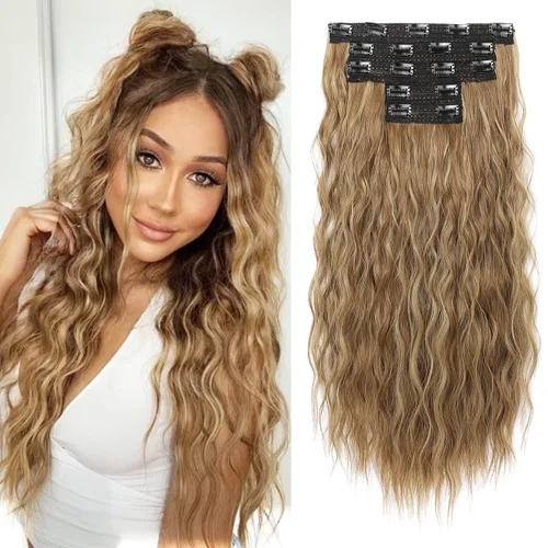 Vista 14 de REECHO Extensiones de cabello con clip, 5 piezas, de 24 pulgadas, de color rubio ceniza, extensiones de cabello con ondas largas y sueltas, HE002