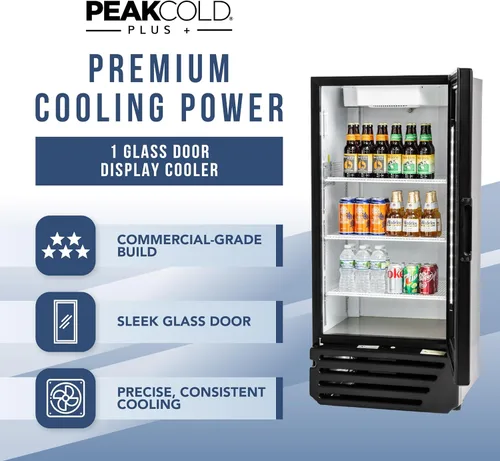 Vista 2 de PEAKCOLD + Refrigerador vertical de 1 puerta - Refrigerador comercial negro de 9.4 pies cúbicos de bajo consumo con puerta de vidrio
