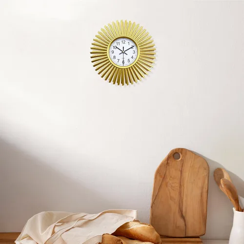 Vista 2 de Reloj de pared de cocina, reloj de pared dorado con forma de explosión de sol, funciona con pilas, reloj de pared decorativo moderno de 10 pulgadas