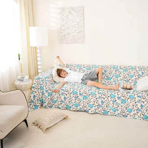 Vista 3 de Erosebridal Funda de sofá floral de 71 x 91 pulgadas, diseño de loto, antideslizante, acuarelas, diseño de hojas de flores azules, con pintura