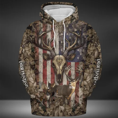Vista 2 de SN39 - Sudadera con capucha de la bandera americana de ciervos cazadores de ciervos 3D negro