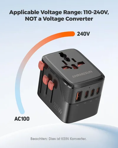 Vista 6 de Adaptador de viaje universal, adaptador de corriente internacional con 3 USB C (PD 20 W), 1 USB A, adaptador de enchufe todo en uno, esenciales