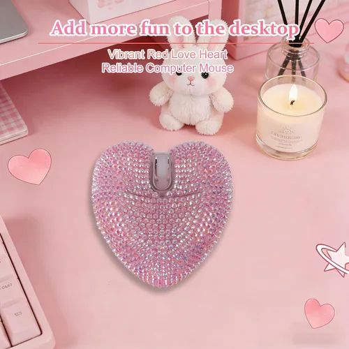 Vista 4 de Ratón inalámbrico Bluetooth con forma de corazón rosa, modo doble, recargable, silencioso, portátil, con diamante brillante y luz LED, para PC