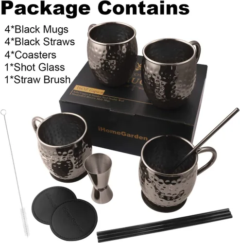 Vista 7 de DUNCHATY Moscow Mule - Juego de 4 tazas de regalo negras de acero inoxidable martillado sólido puro para beber, 16 onzas, seguro para alimentos