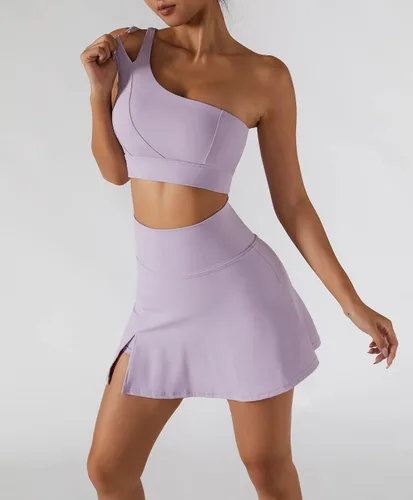 Vista 3 de Faldas de tenis para mujer, conjunto de brasier deportivo de cintura alta, falda de golf, un hombro, brasier deportivo para correr, entrenamiento