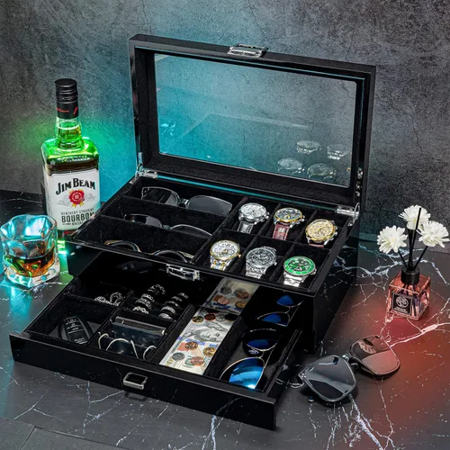 Vista 3 de ProCase Lacquered Finish Wooden Men's Jewelry Box Bundle with 18 Slots Sunglasses Organizer