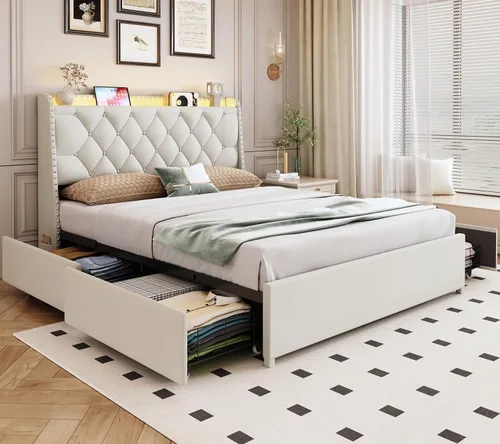 Vista 16 de Marco de cama completa con 4 cajones y cabecera de almacenamiento, marco de cama de plataforma tapizada tamaño completo con luces LED y práctica
