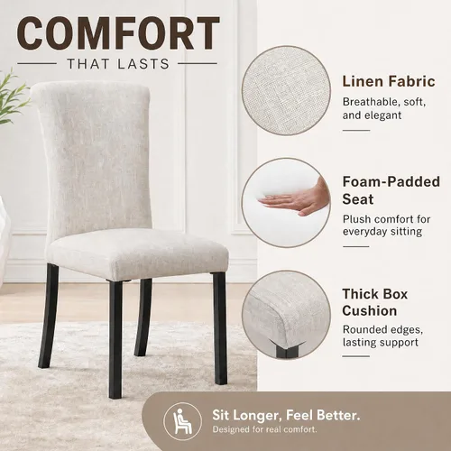 Vista 6 de Asday Upholstered Dining Chairs Set of 2, High Back Fabric Chairs, Beige Linen Fabric, High Back, Black Metal Legs