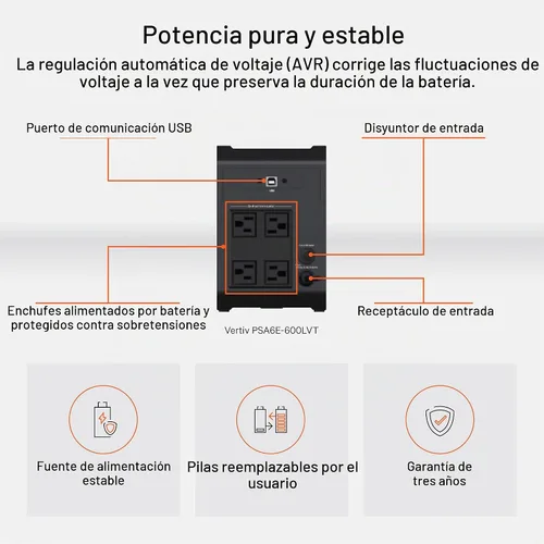 Vista 4 de Vertiv PSA6E-600LVT 600VA y 360W PowerUPS 200 Essential 120V Line Interactive Desktop UPS