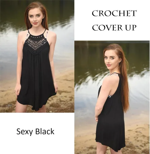 Vista 2 de AOLRO Traje de baño para mujer, vestido de ganchillo con espalda cruzada, cuello halter, salida de baño