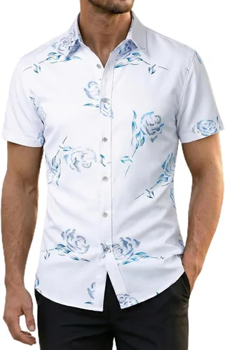 Vista 19 de ZEROYAA - Camisas de vestir de manga corta con estampado de rosa dorada para hombre, estilo hipster, calce ajustado, con botones