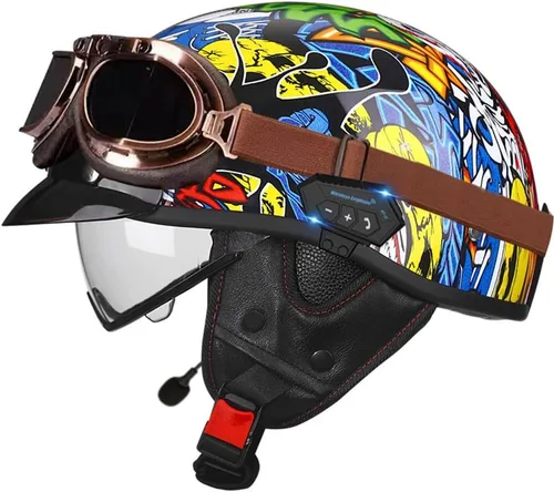 Vista 9 de Casco de cara abierta con Bluetooth para hombres y mujeres, casco retro de estilo alemán con diseño de calavera, visera con gafas, casco de media