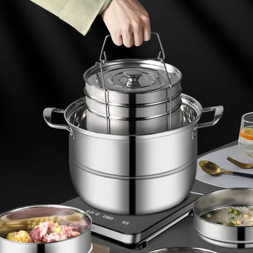 Vista 7 de Juego de ollas apilables de acero inoxidable de 3 niveles para cocinar alimentos a presión accesorios para olla a presión