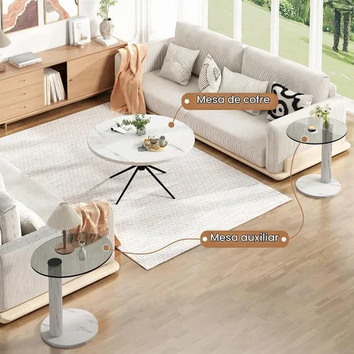 Vista 4 de Hooseng Juego de 2 mesas de café redondas, parte superior de mármol sintético y moderna tapa de vidrio transparente templado, perfectas para sala