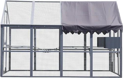 Vista 8 de Catio grande de madera para exteriores de 110 pulgadas, recintos para gatos al aire libre, cubierta resistente a la intemperie, dos puertas