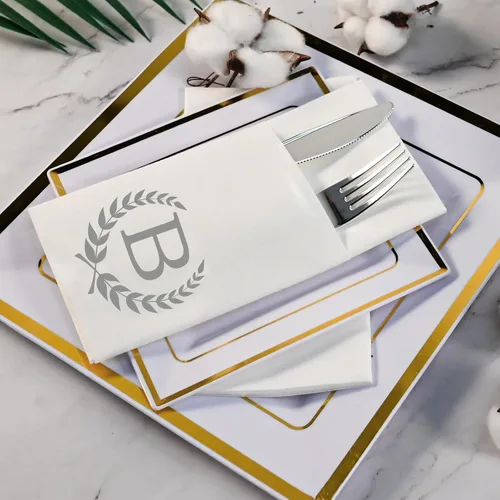 Vista 4 de Servilletas de bolsillo con monograma de plata, 100 servilletas de cena con letra B con bolsillo integrado para cubiertos, servilletas de canguro