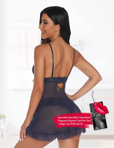 Vista 3 de Queenfox Lencería para mujer, camisón de encaje sexy para mujer