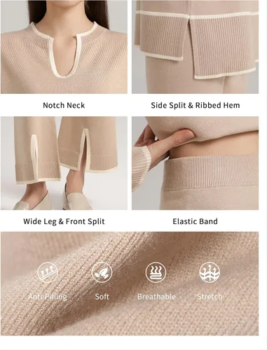 Vista 4 de SuperPrity Conjunto de 2 piezas de suéter para mujer, con cuello de muesca, manga larga, suéter de punto y pierna ancha