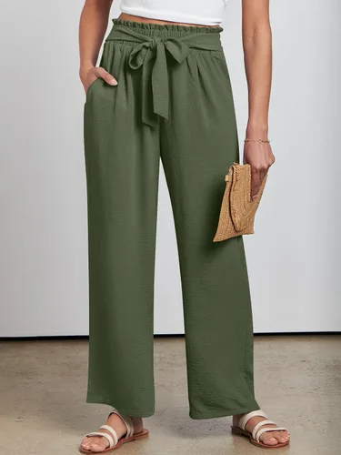 Vista 2 de ANRABESS Pantalones palazzo de pierna ancha para mujer con bolsillos, cintura alta, nudo de lazo, negocios, casual, de moda, bohemios