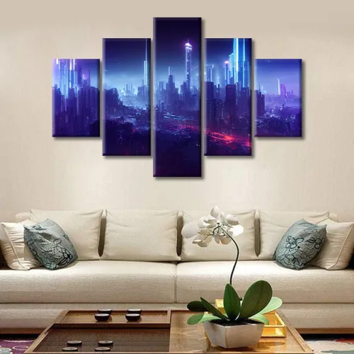 Vista 229 de Cuadros de 5 paneles de Cyberpunk City, arte de pared, representación de vallas publicitarias, edificios modernos en la capital con obras de arte