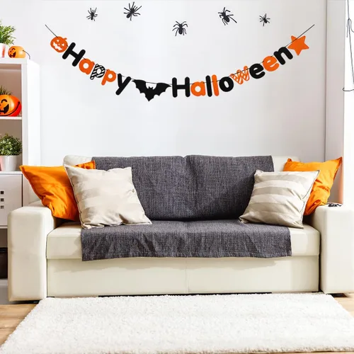 Vista 5 de JSDJ Cartel de Feliz Halloween, guirnalda de fieltro con decoraciones de calabaza araña, suministros de fiesta para uso en interiores, pared