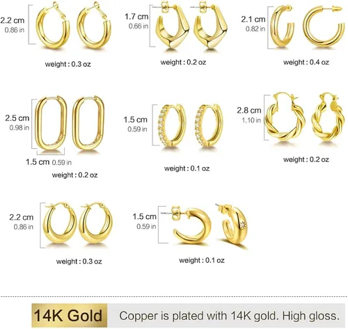 Vista 7 de 8-10 Pairs Delicate Gold Silver Hoop Earrings Set for Women, 14K Gold Plated Lightweight Hypoallergenic Thick Open Twisted Huggie Earrings for girls