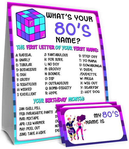 Vista 37 de ¿Cuál es tu nombre de los años 50 Juego, 1 señal de doble cara y 30 tarjetas adhesivas, Juegos de fiesta de cumpleaños retro para niños y adultos