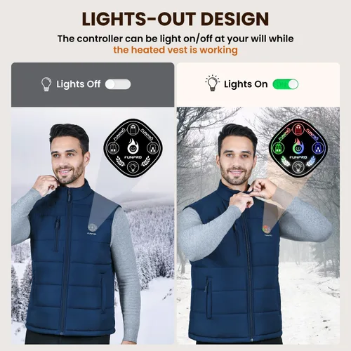Vista 4 de FUNPRO Chaleco térmico para hombres y mujeres, chaquetas térmicas ligeras, diseño de luces fuera (paquete de baterías no incluidas)