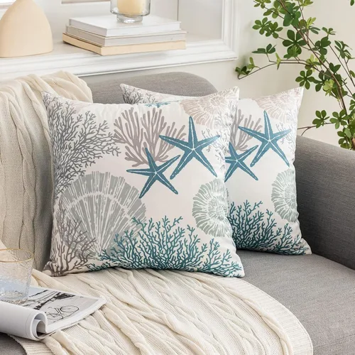 Vista 2 de Tritard Juego de 2 fundas de almohada náuticas costeras de 16 x 16 pulgadas, fundas decorativas de terciopelo con temática de playa, conchas