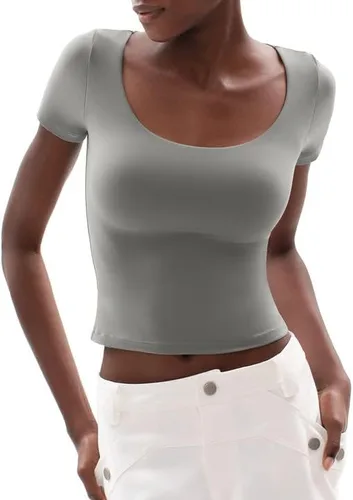 Vista 5 de PUMIEY Camiseta de manga corta con cuello redondo para mujer, ajustada, sexy, colección Smoke Cloud