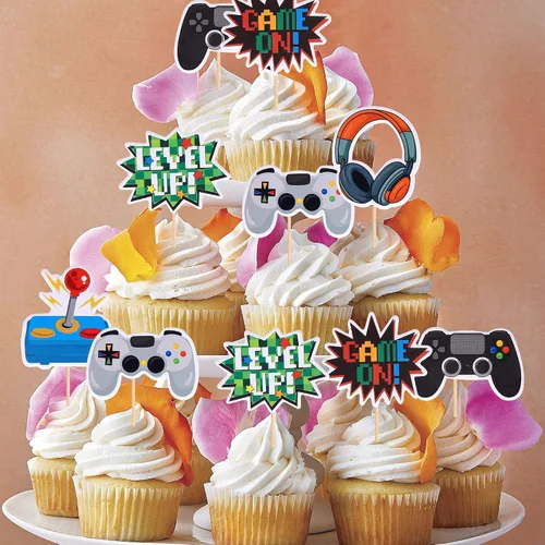 Vista 3 de 36 piezas de decoraciones para cupcakes de videojuegos ensambladas, controladores Game On, palillos para cupcakes, decoraciones de pastel GamePad