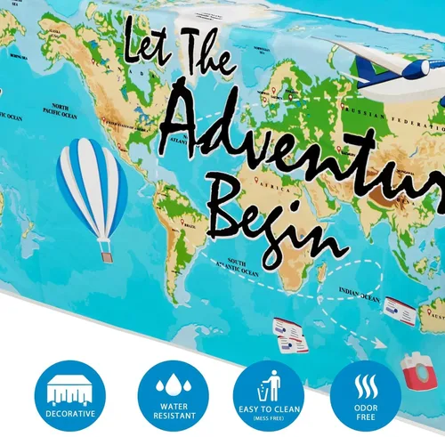 Vista 4 de WERNNSAI Mantel de viaje – 1 mantel de 108 x 54 pulgadas con mapa del mundo Adventure World Awaits Bon Voyage - Decoraciones de fiesta