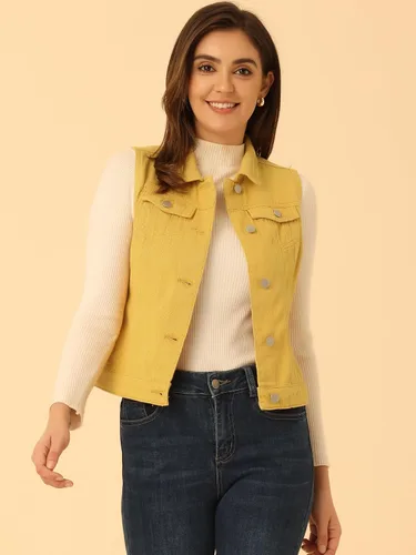 Vista 3 de Allegra K Chaleco de mezclilla lavado con botones para mujer, con bolsillos con solapa en el pecho