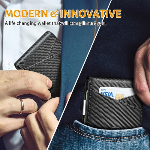 Vista 6 de GSOIAX Cartera delgada de cuero plegable RFID para hombre, billetera minimalista con bolsillo frontal con clip para dinero, 12 ranuras para Negro