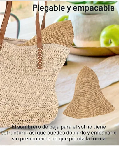 Vista 7 de Sombrero de sol para mujer, hecho a mano, plegable, de paja, sombrero de pescador, gorra de viaje de Caqui