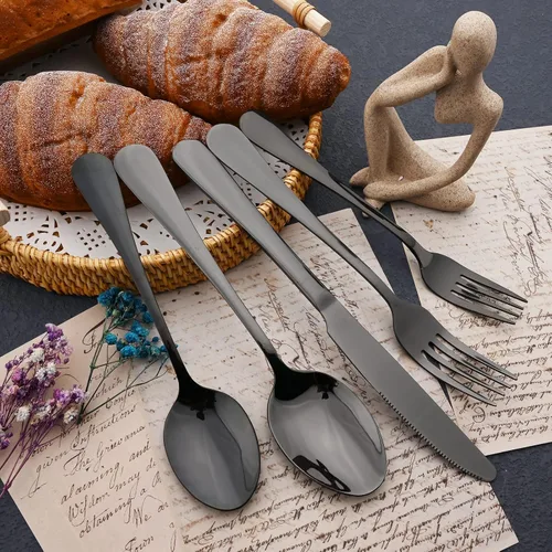 Vista 8 de JASHII Juego de cubiertos de 25 piezas con tenedor y cuchara con utensilios para servir para 4, cubiertos de acero inoxidable de grado alimenticio