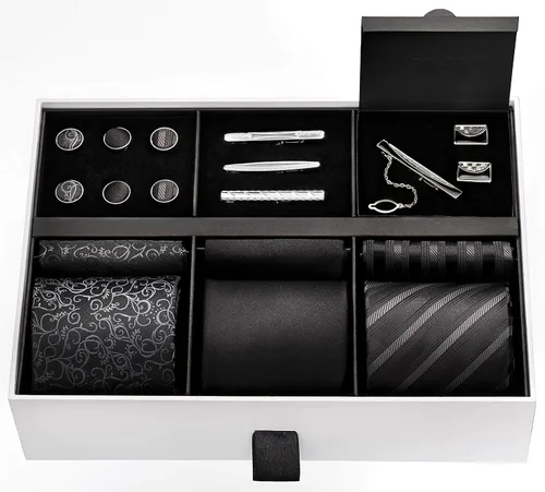 Vista 20 de Juego de corbata de regalo para hombre, corbata sedosa, bolsillo cuadrado, clips de corbata, gemelos para hombres