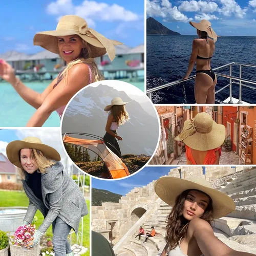 Vista 7 de Sombreros de playa para mujer, sombrero de paja flexible, protección UV, sombreros de vacaciones plegables de ala ancha, sombreros de viaje plegables