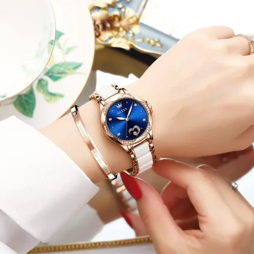 Vista 3 de OLEVS Relojes automáticos para mujer, mecánico, esfera de corazón, esfera de corazón, oro rosa, banda de cerámica, impermeable, luminoso, fecha