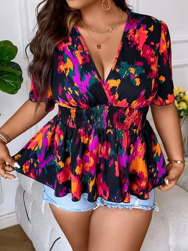 Vista 4 de SOLY HUX Women's Plus Size Allover Print Blouse Short Sleeve V Neck Wrap Shirred Peplum Ruffle Hem Top
