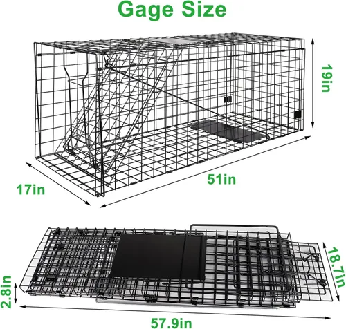 Vista 5 de VASALAID Jaula de trampa para animales vivos, 51 x 19 x 17 pulgadas, jaula de trampa viva humana para interiores y exteriores, jaula de trampa