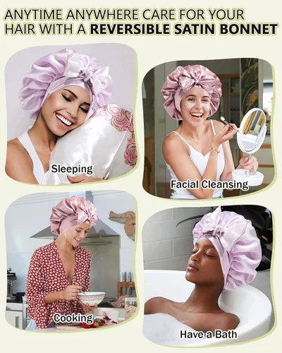 Vista 7 de Gorras de satén de seda para mujeres, envoltura de cabello rizado para dormir, gorra reversible con banda de corbata, gorra de dormir de doble capa