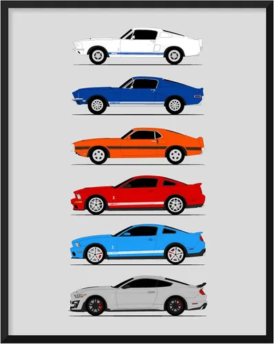 Vista 22 de Custom Car Posters Póster hecho a mano compatible con Shelby Mustang GT500 Generations e impresión de Ford Shelby GT500, azul con rayas blancas