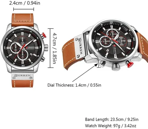 Vista 6 de Reloj de cuarzo analógico con correa de cuero para hombre, estilo clásico, informal, de acero inoxidable, impermeable, cronógrafo, fecha, analógico