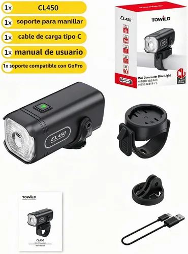 Vista 8 de TOWILD CL450 Luces de bicicleta para conducción nocturna, 450 lúmenes, USB-C recargable, aleación de aluminio, IPX6 impermeable (negro)