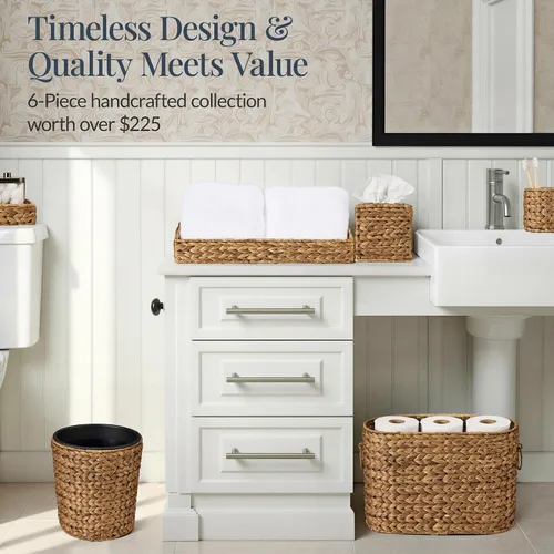 Vista 3 de Best Choice Products 6PC Bathroom Accessories Set, Vanity Trays, qtip Canister, Square Tissue Box Cover, Small Wicker Trash Can, Toilet Paper