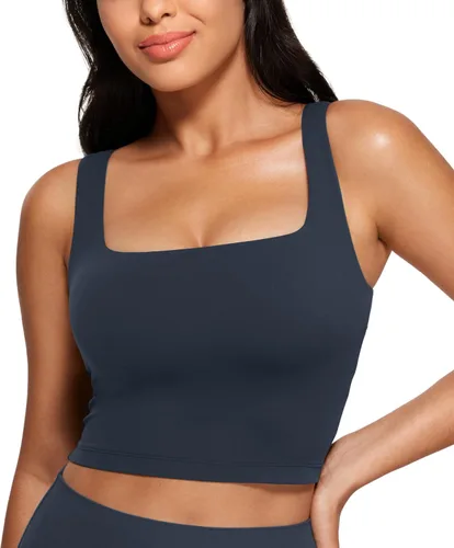 Vista 8 de CRZ YOGA Butterluxe Square Neck Crop Tank Top Brasier integrado, soporte ligero, almohadillas extraíbles, yoga, extremadamente suave, tirantes