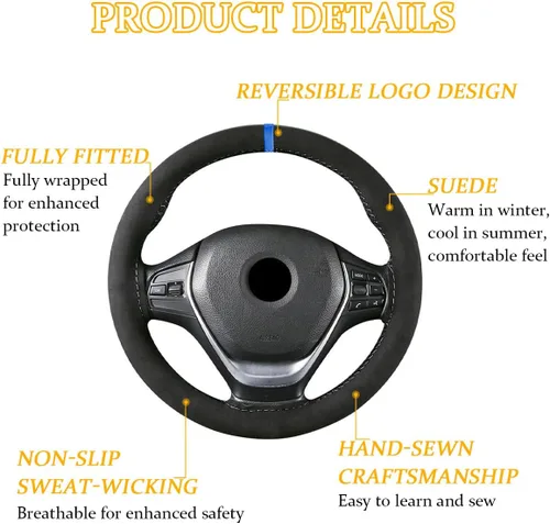 Vista 2 de Funda para volante de automóvil, protector envolvente completo de gamuza suave para volante con costura, con aguja e hilo, agarre cómodo, accesorios