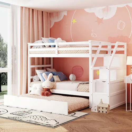 Vista 18 de Literas para niños con escalera, literas de madera maciza con barandilla completa