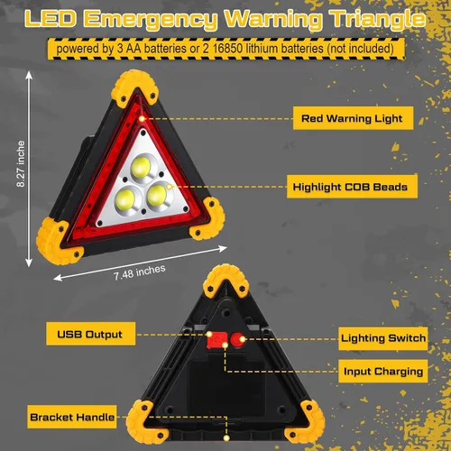 Vista 3 de Huquary Triángulo LED de advertencia de emergencia, recargable portátil intermitente LED triangular de advertencia con 4 modos, luz de peligro